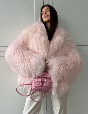 Шуба из меха ламы - цвет розовый - фото 8