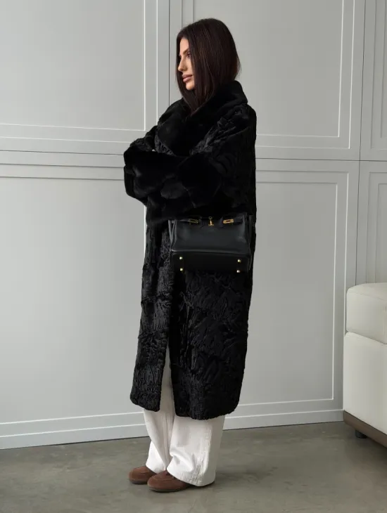 Черная шуба из каракуля с норкой - фото 12