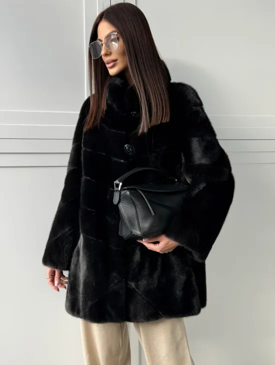 Черная норковая шуба - стойка воротник - фото 6