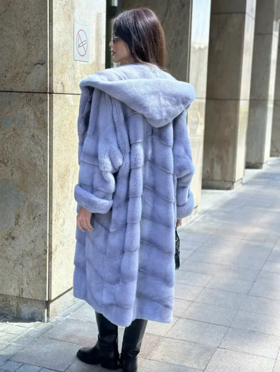 Удлиненная голубая норковая шуба NAFA MINK с капюшоном - фото 4