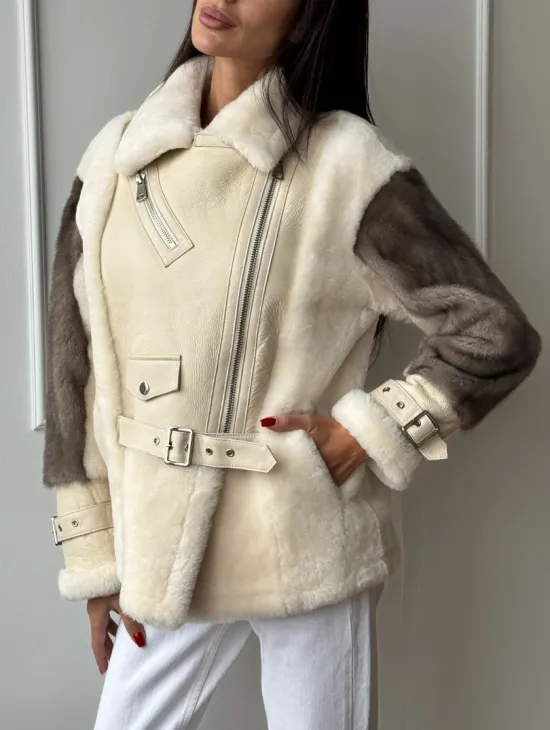 Дубленка из натуральной овчины с рукавами из меха норки - фото 5