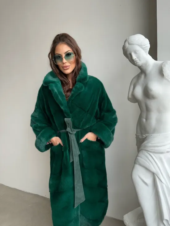 Норковая шуба с английским воротником - цвет изумруд - фото 2