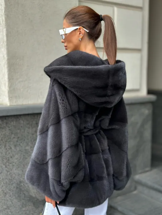 Норковая шуба с капюшоном цвет графит - фото 2