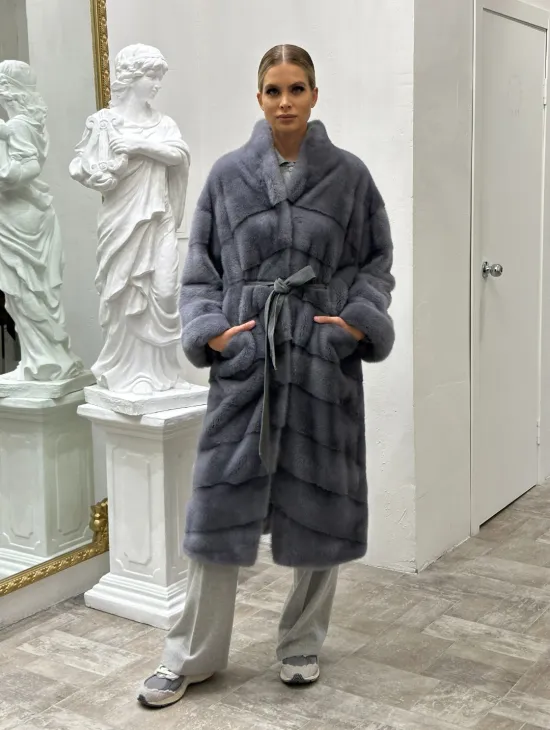 Норковая шуба воротник отворот - цвет сапфир - фото 0