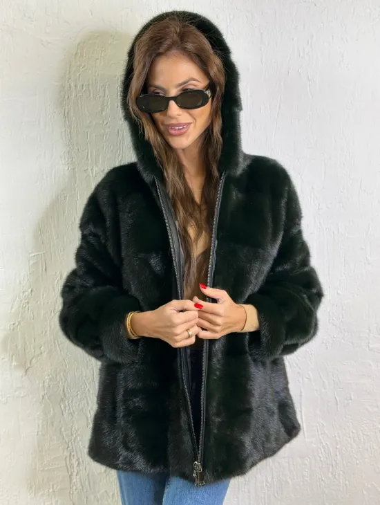 Короткая норковая шуба на молнии - цвет темный изумруд - фото 1