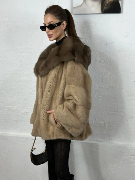 Норка автоледи с капюшоном куница - цвет пастель - фото 4