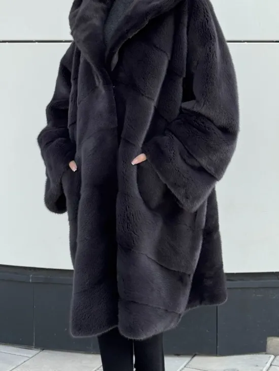 Норковая шуба паркет с капюшоном - цвет блю ирис - фото 1