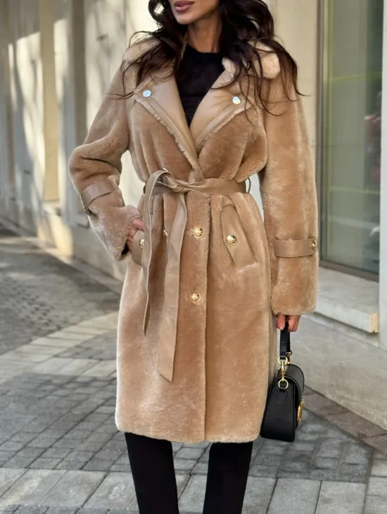 Дубленка из овчины с норковым воротником - цвет бежевый - фото 3