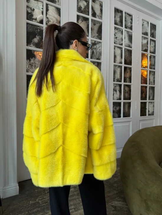 Норковый полушубок английский воротник, паркет - цвет лимонный - фото 4