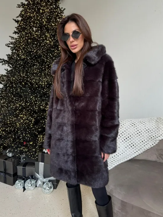 Норковая шуба с капюшоном, поперечка - цвет инжир - фото 0