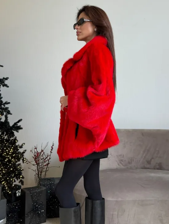 Красная норковая шуба - летучка английский воротник - фото 2
