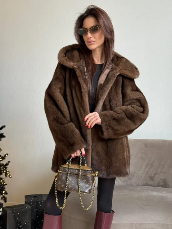 Норка автоледи с капюшоном, роспуск в цвете орех - фото 0