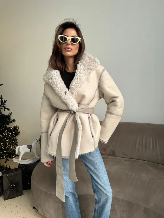 Дубленка двусторонняя из натурального меха тиградо - стойка воротник - фото 9