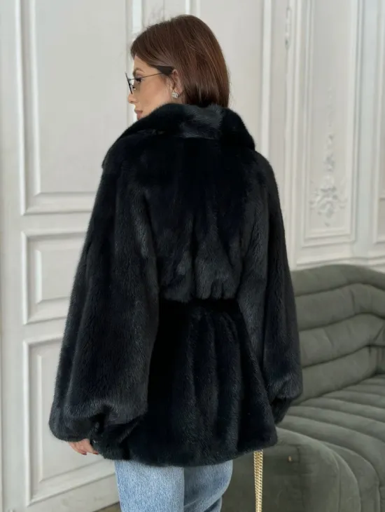 Шуба летучая мышь английский воротник, роспуск мех норка - цвет черный изумруд - фото 2