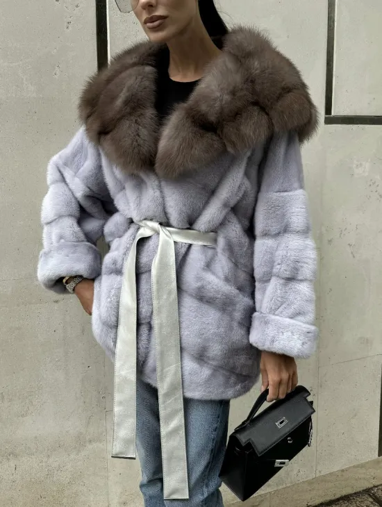 Шуба норковая с капюшоном из меха куницы - цвет голубой - фото 5