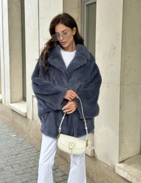 Шуба норковая летучая мышь - цвет джинс - фото 3