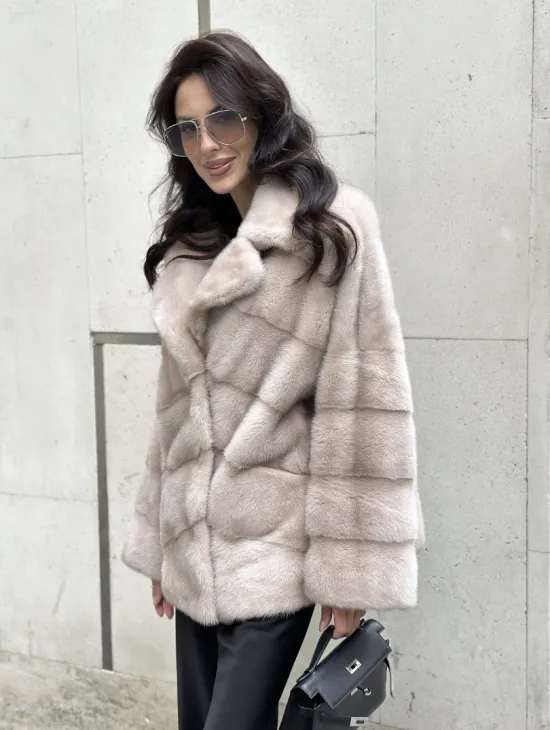 Шуба из меха норки английский воротник пудра - фото 7